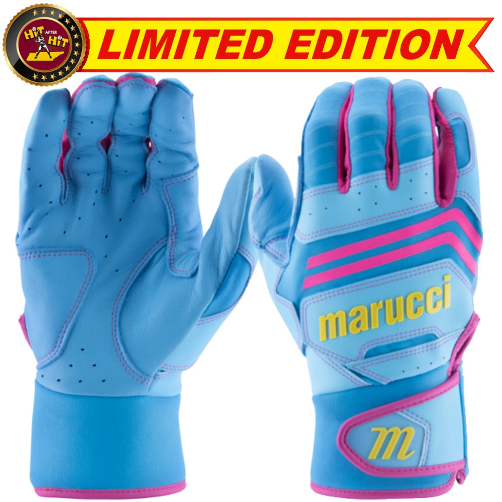 Custom Marucci Adult Columbia Blue-Pink Batting Gloves: MBGFZNP