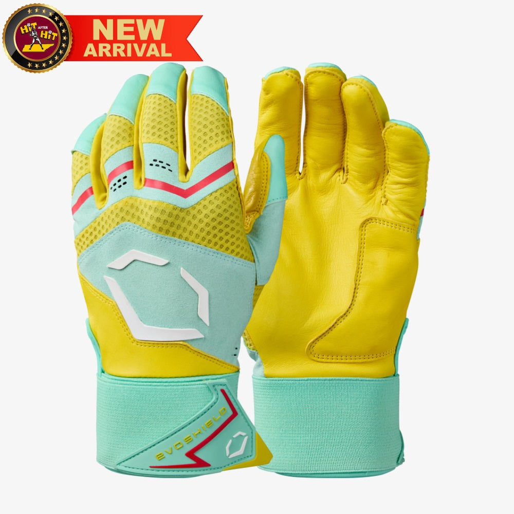 EvoShield Adult Yellow/Seafoam/Red Carbyne Batting Gloves with Strap: WB5775001