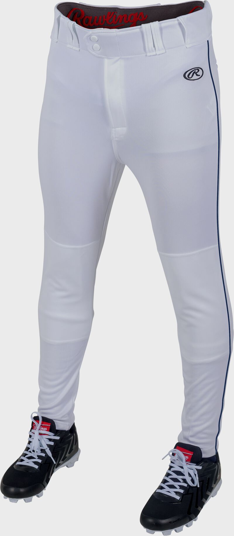 RAWLINGS LAUNCH ADULT WHITE/NAVY JOGGER FIT PIPED BASEBALL PANTS: LNCHJGP