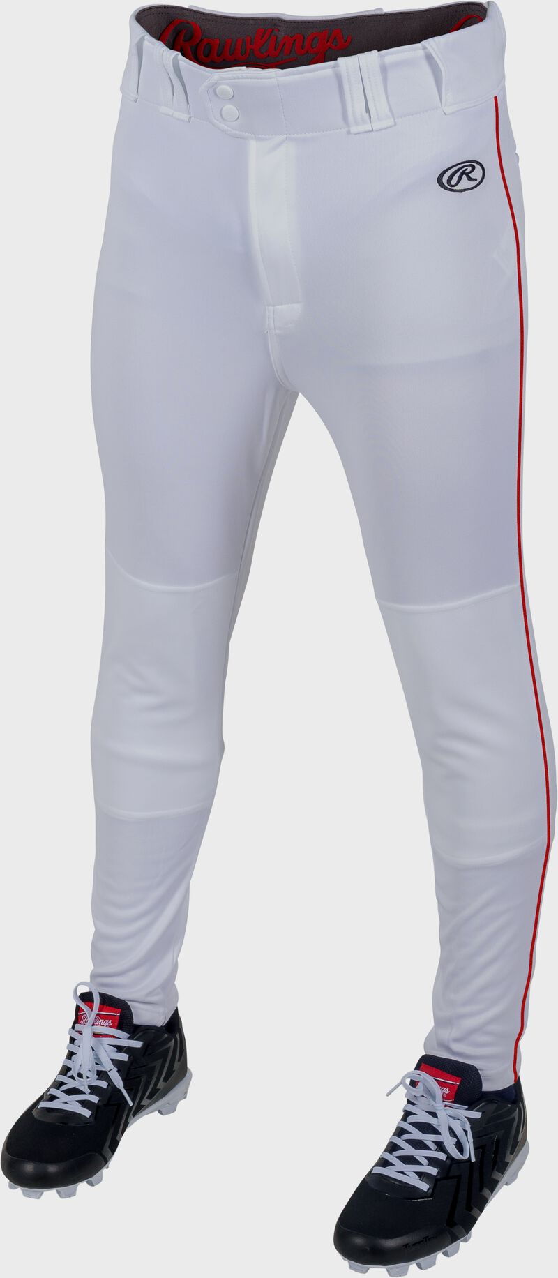 RAWLINGS LAUNCH ADULT WHITE/RED JOGGER FIT PIPED BASEBALL PANTS: LNCHJGP