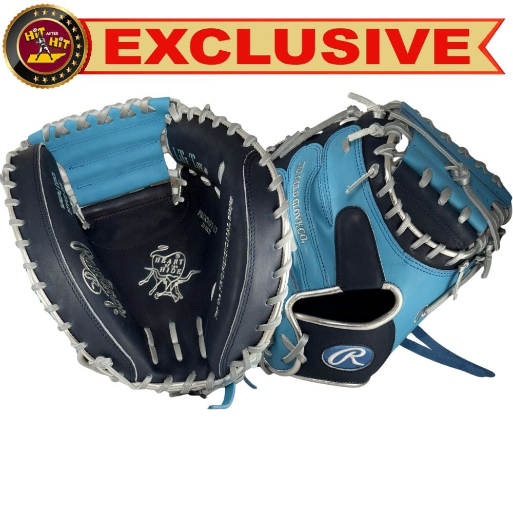 Rawlings Custom 33" PROCM33-23 Heart of the Hide Catchers Mitt: Columbia Blue/Navy/Silver