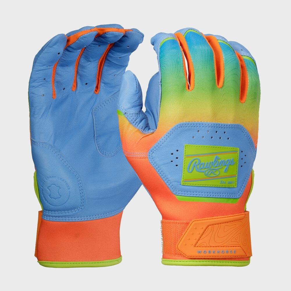 Rawlings Workhorse Youth Columbia Blue/Orange Fun Burst Batting Gloves