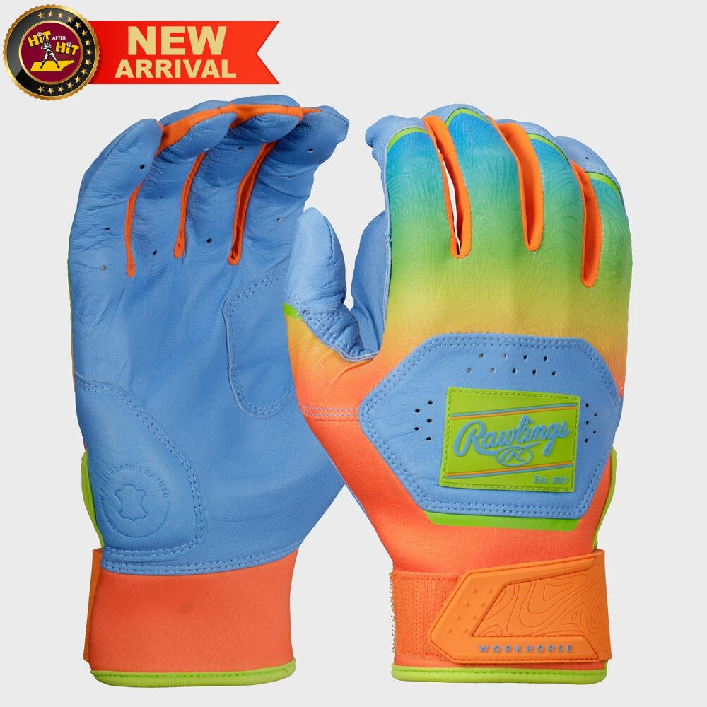 Rawlings Workhorse Adult Columbia Blue/Orange Fun Burst Batting Gloves