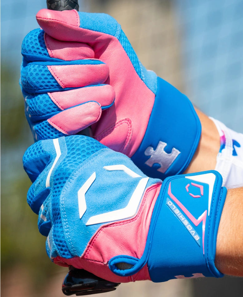 EvoShield Adult LTM Light Blue/Pink/White Carbyne Batting Gloves with Strap: WB5771501