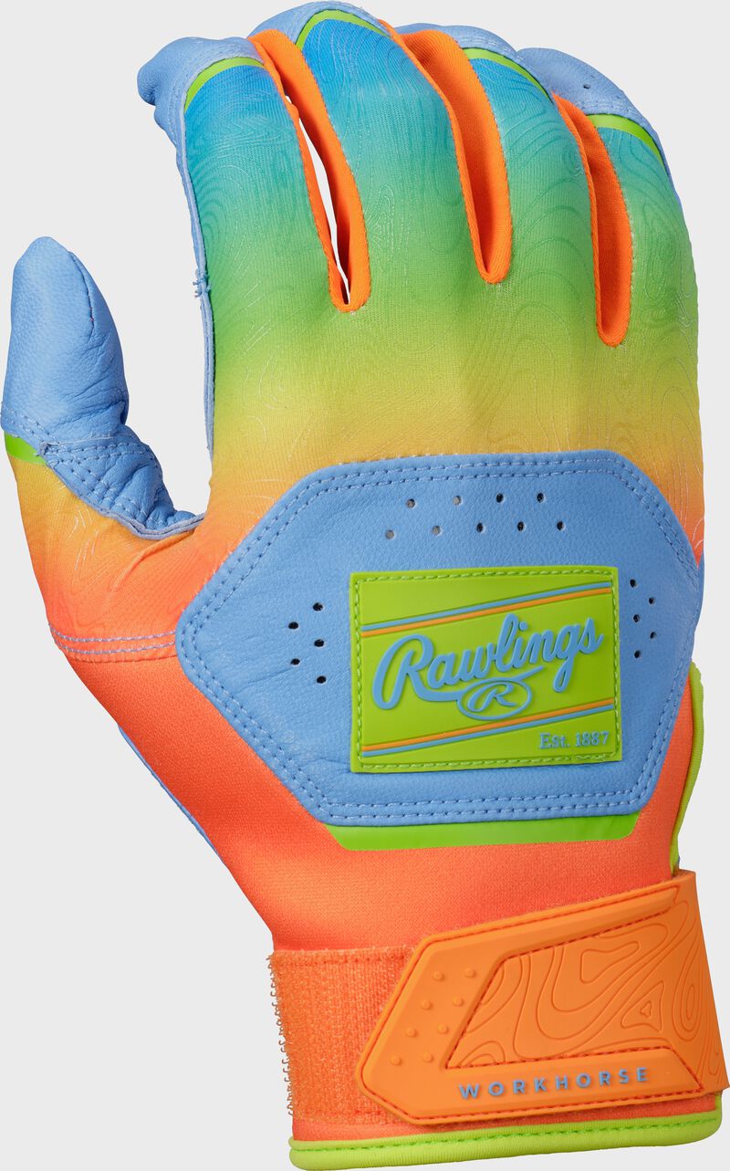Rawlings Workhorse Adult Columbia Blue/Orange Fun Burst Batting Gloves