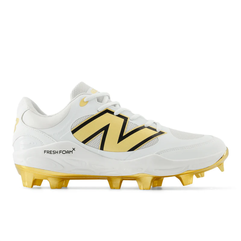 New Balance PL3000L7 Molded Cleats: White and Metallic Gold