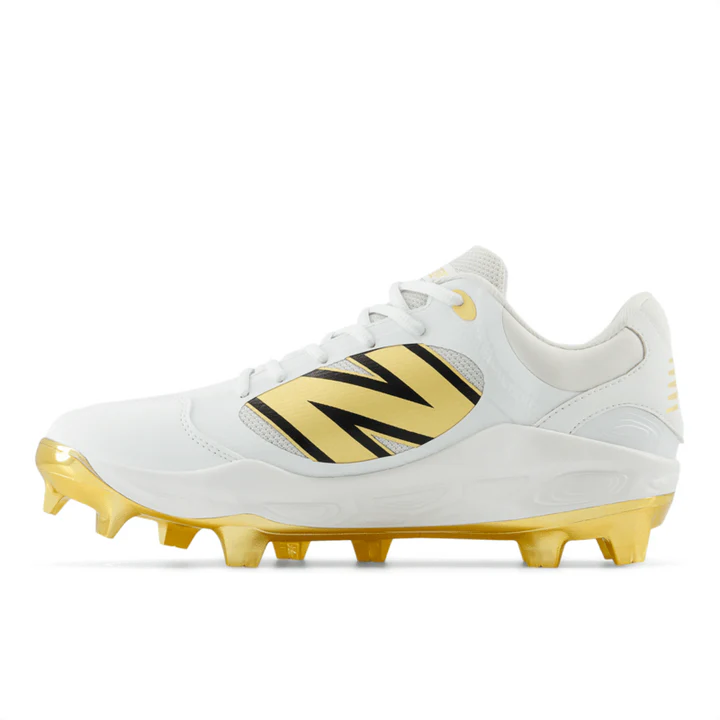 New Balance PL3000L7 Molded Cleats: White and Metallic Gold