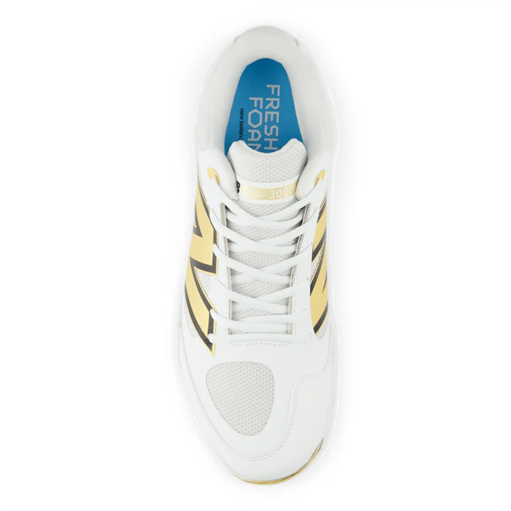 New Balance PL3000L7 Molded Cleats: White and Metallic Gold