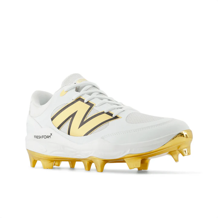 New Balance PL3000L7 Molded Cleats: White and Metallic Gold