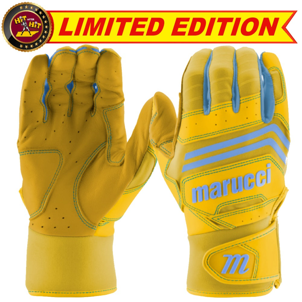 Custom Marucci Adult Yellow-Columbia Blue Batting Gloves: MBGFZNP