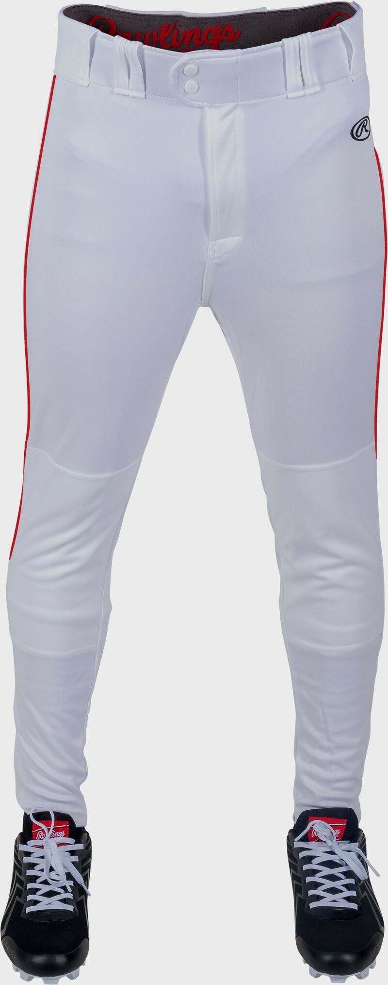 RAWLINGS LAUNCH ADULT WHITE/RED JOGGER FIT PIPED BASEBALL PANTS: LNCHJGP
