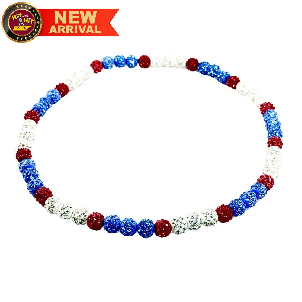 Rhinestone 20-inch Beaded Necklace: Columbia Blue/Red/White