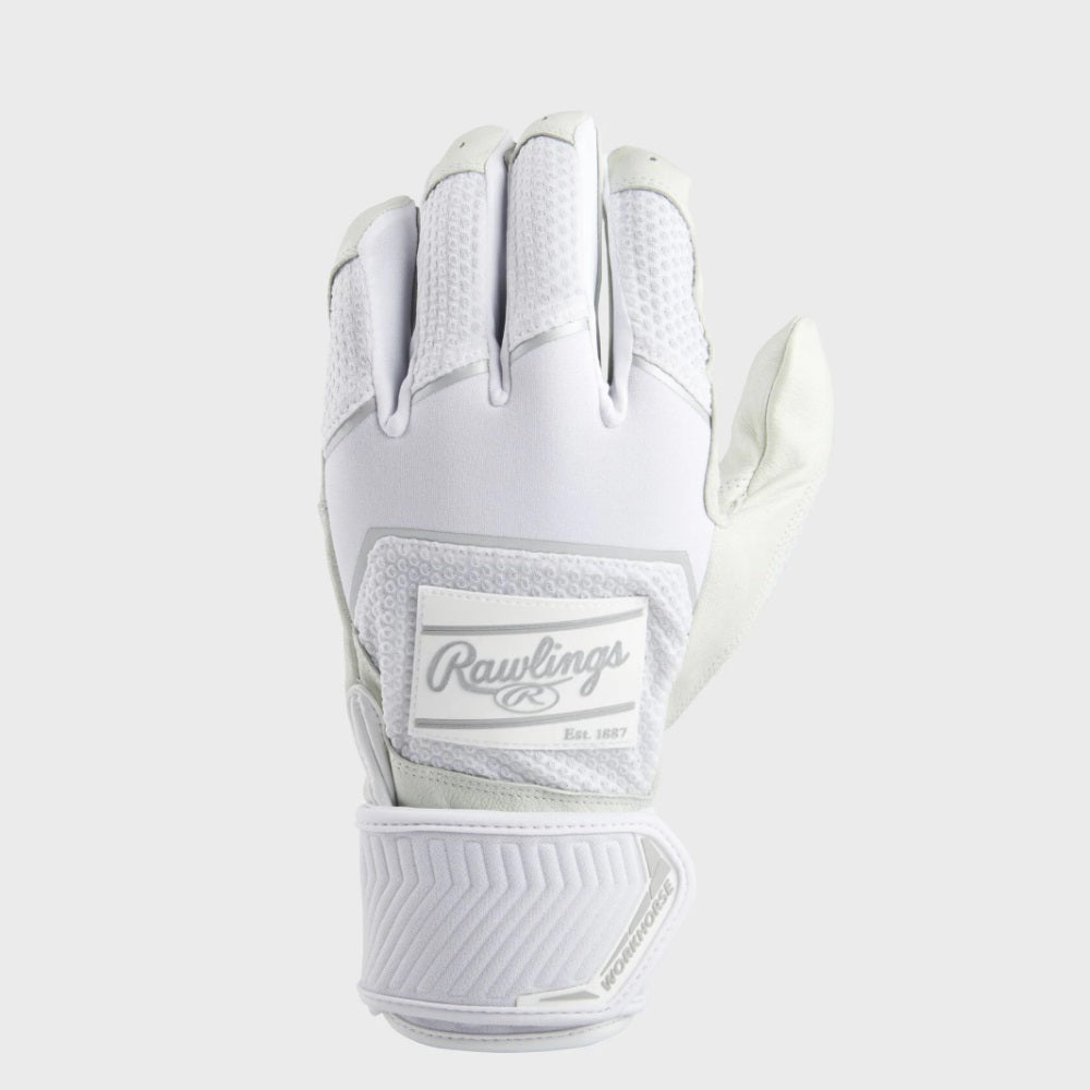 RAWLINGS WORKHORSE COMPRESSION STRAP BATTING GLOVES: WHITE