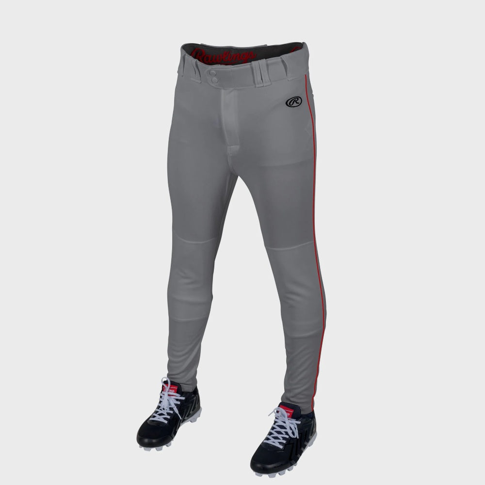 RAWLINGS LAUNCH ADULT GRAY/RED JOGGER FIT PIPED BASEBALL PANTS: LNCHJGP