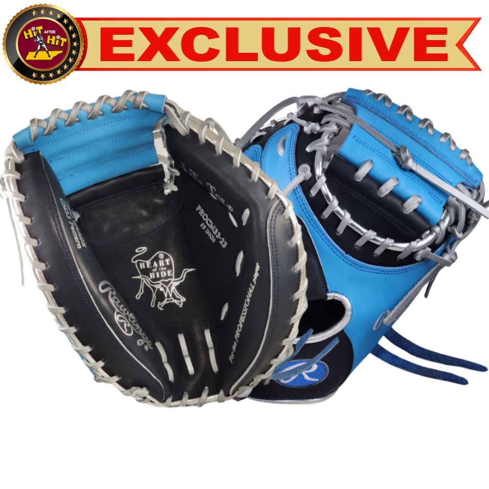 Rawlings Custom 33" PROCM33-23 Heart of the Hide Catchers Mitt: Columbia Blue/Navy/Silver