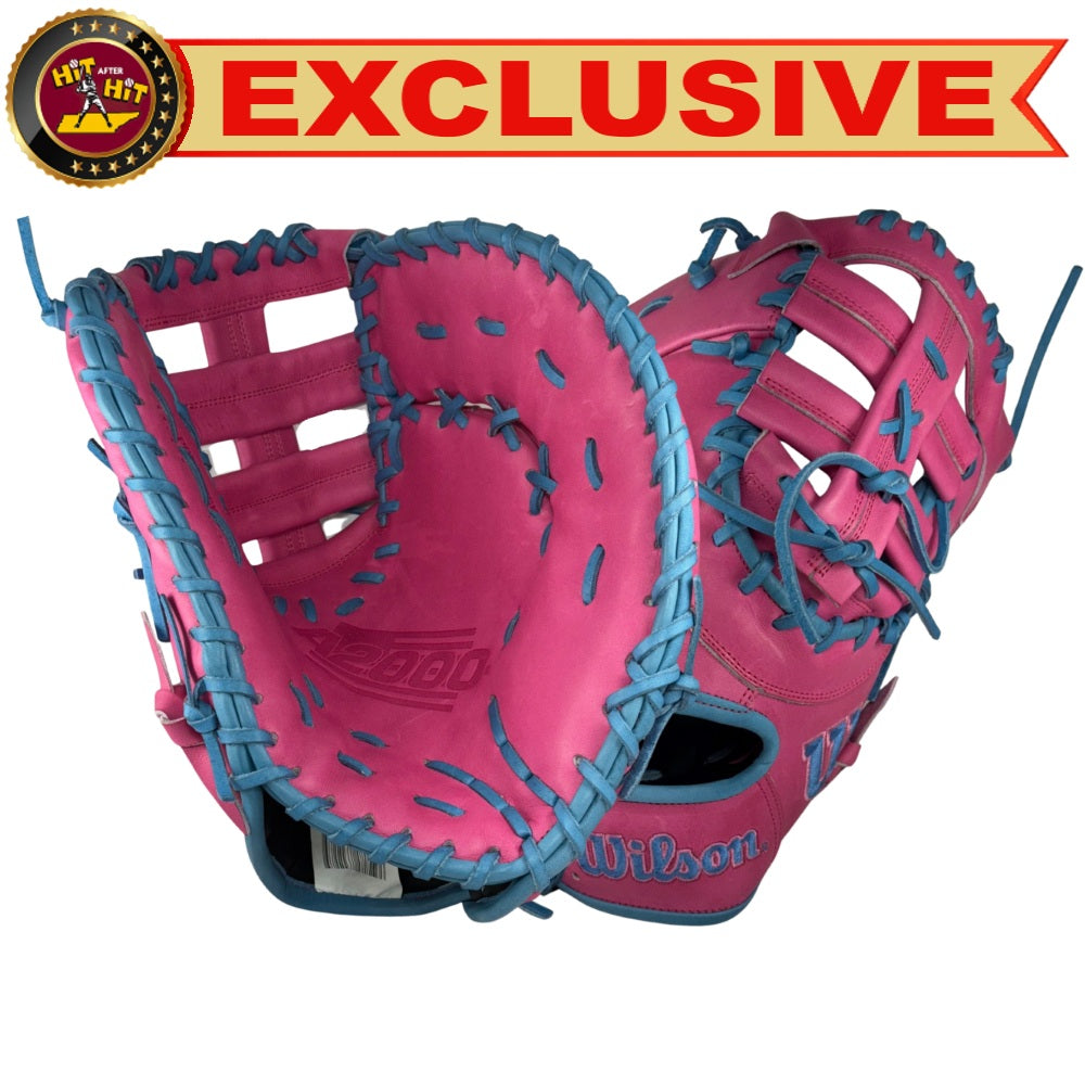 Wilson Custom A2000 1679 Flamingo Pink and Columbia Blue 12.5” Baseball First Base Mitt
