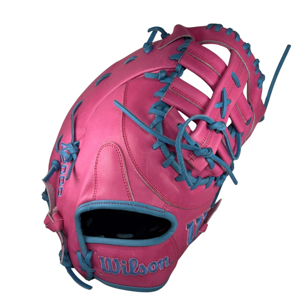 Wilson Custom A2000 1679 Flamingo Pink and Columbia Blue 12.5” Baseball First Base Mitt