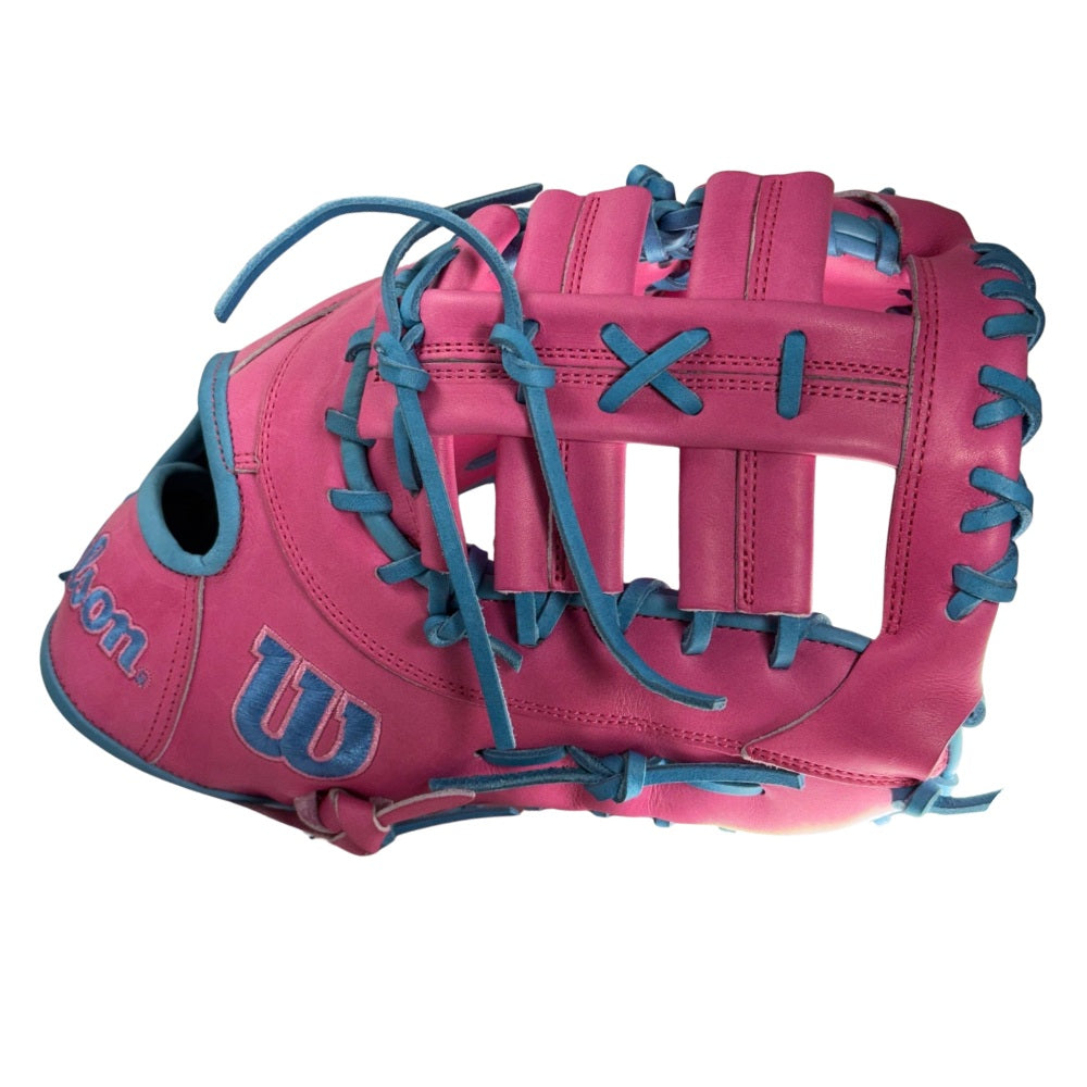 Wilson Custom A2000 1679 Flamingo Pink and Columbia Blue 12.5” Baseball First Base Mitt