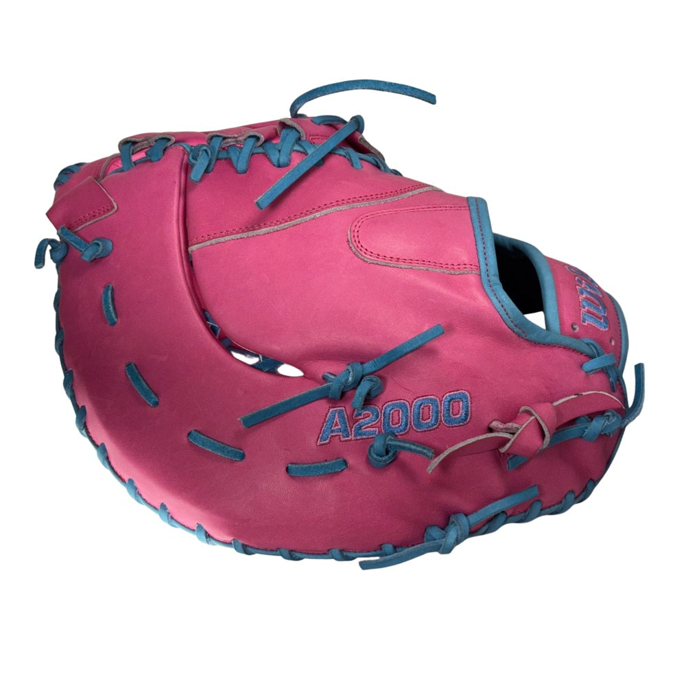 Wilson Custom A2000 1679 Flamingo Pink and Columbia Blue 12.5” Baseball First Base Mitt
