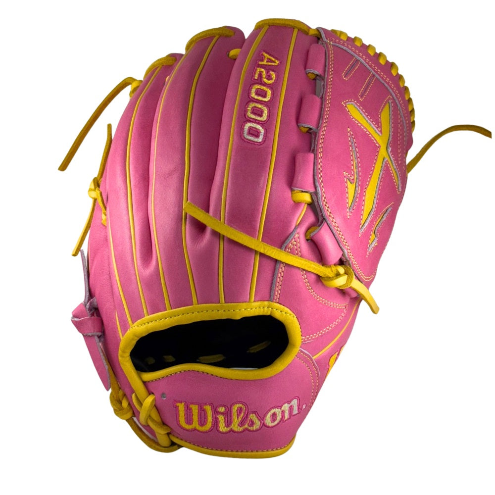 Wilson Custom A2000® B23 Flamingo Pink and Yellow Gold 12” Pitcher's B
