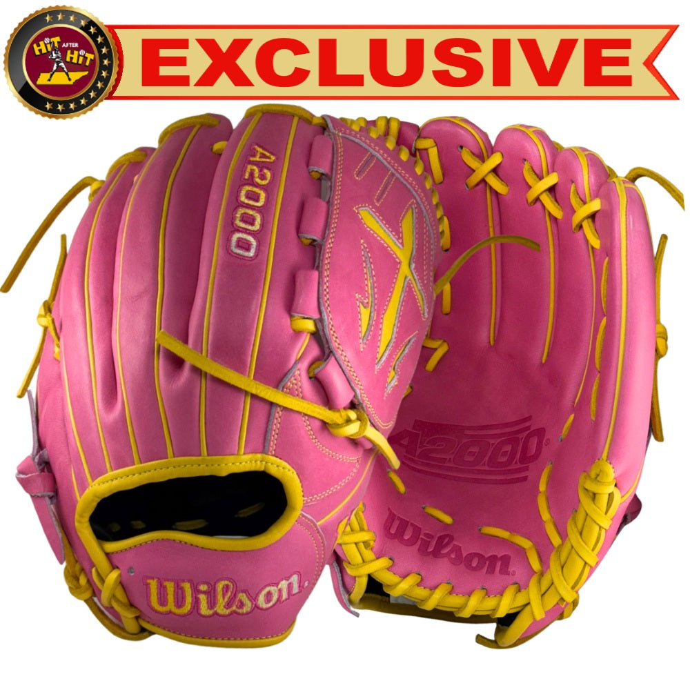 Wilson Custom A2000® B23 Flamingo Pink and Yellow Gold 12” Pitcher’s Baseball Glove