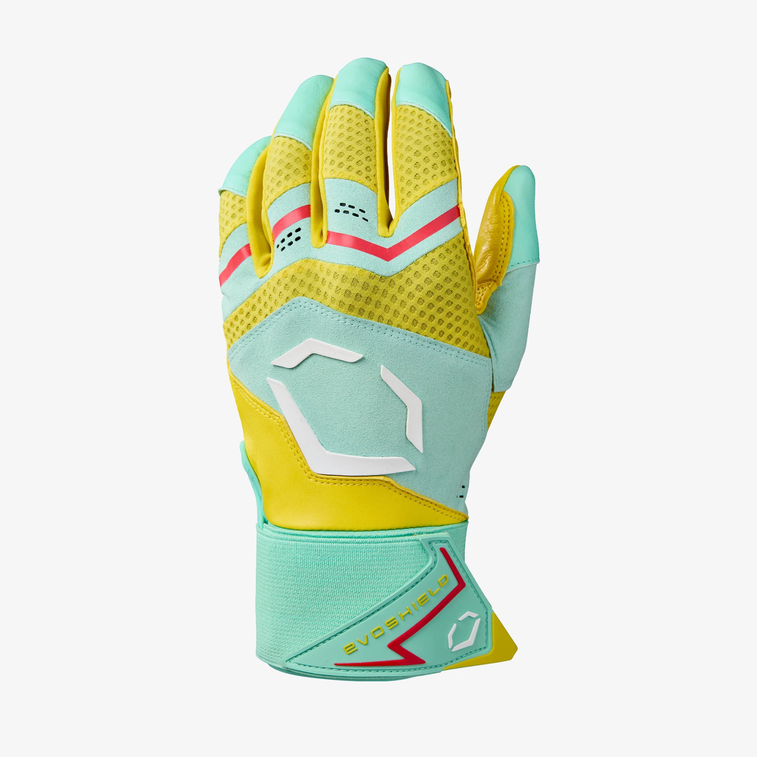 EvoShield Adult Yellow/Seafoam/Red Carbyne Batting Gloves with Strap: WB5775001