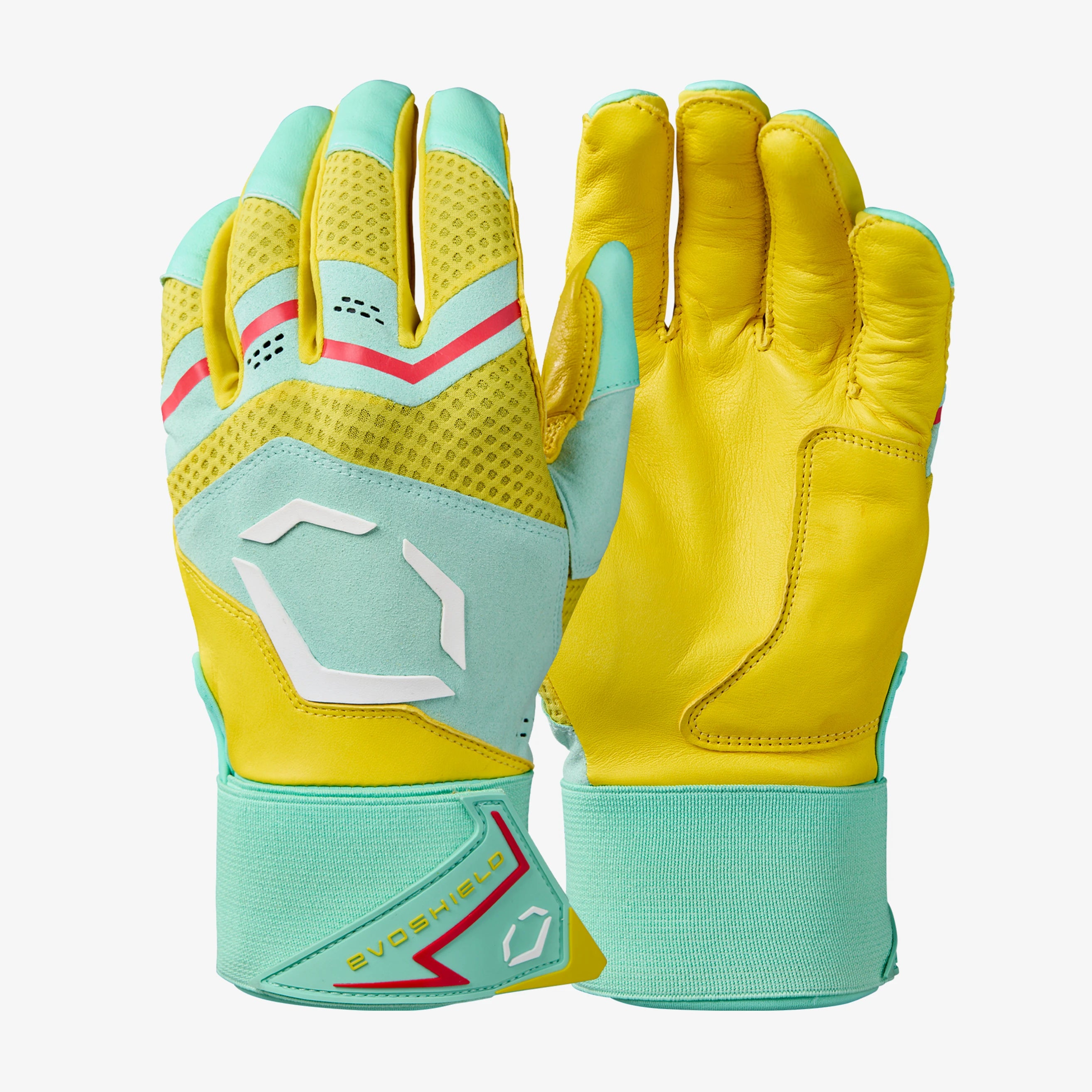 EvoShield Adult Yellow/Seafoam/Red Carbyne Batting Gloves with Strap: WB5775001