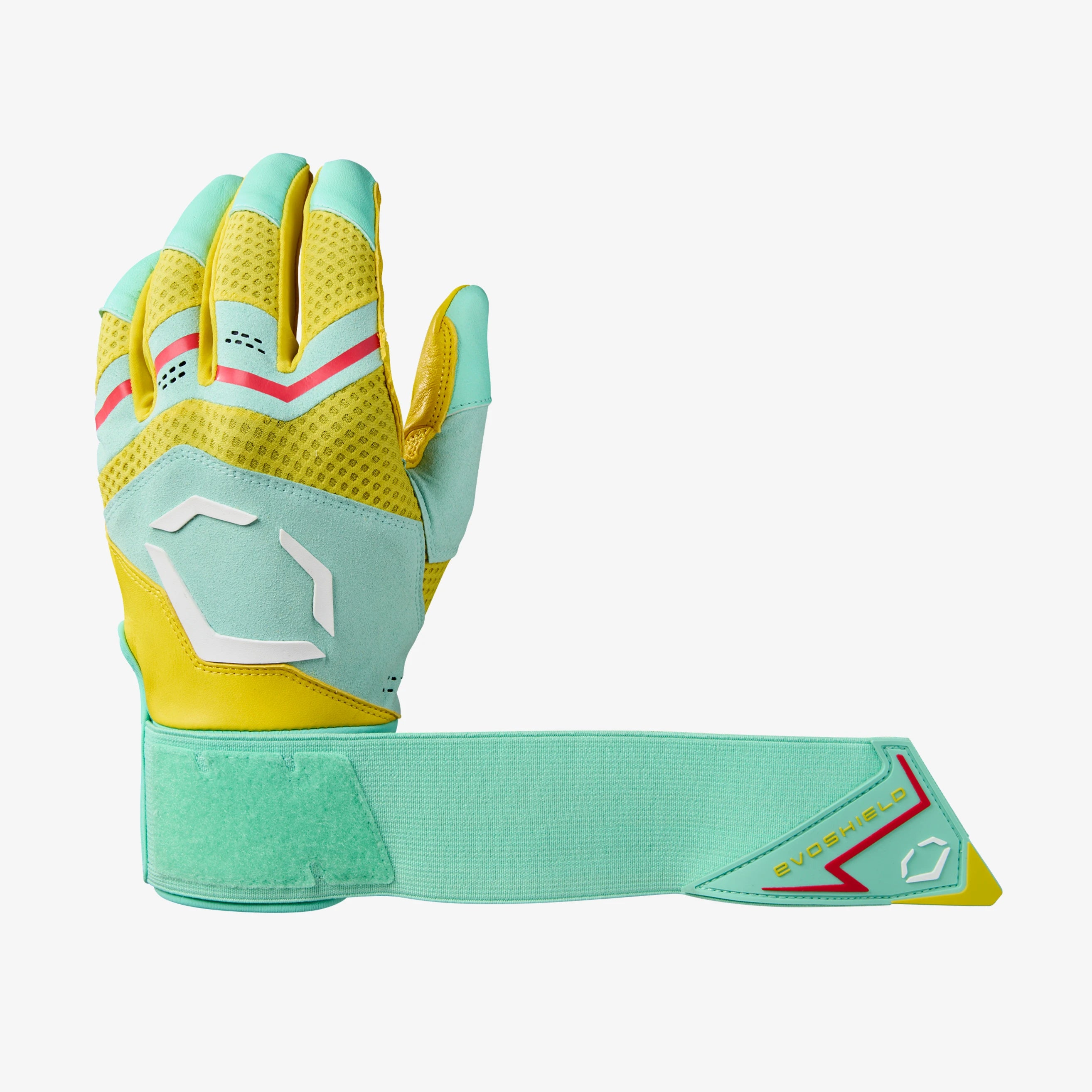 EvoShield Youth Yellow/Seafoam/Red Carbyne Batting Gloves with Strap: WB5775101